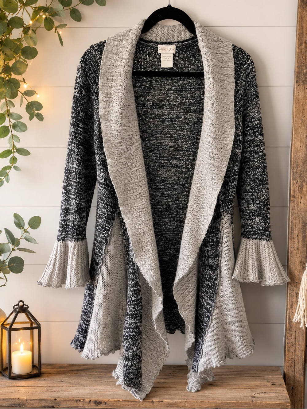 Through The Country Door Gray Marled Cardigan Sweater Bell Sleeve Size M